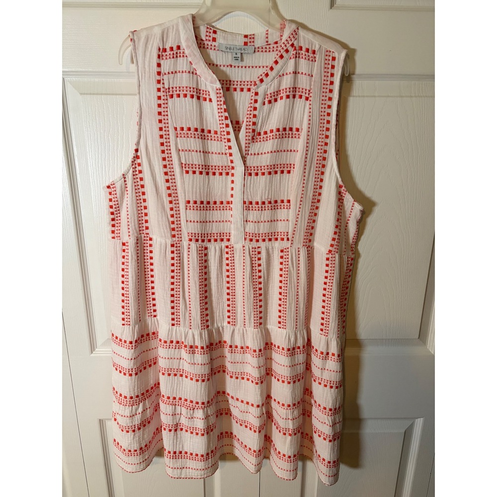 Single Thread Womens XL Orange/white Embroidered Gauze Tiered Sleeveless Mini
